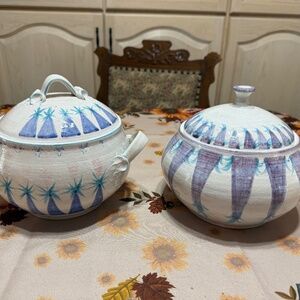 Set of two hand painted casserole dishes with tops ,